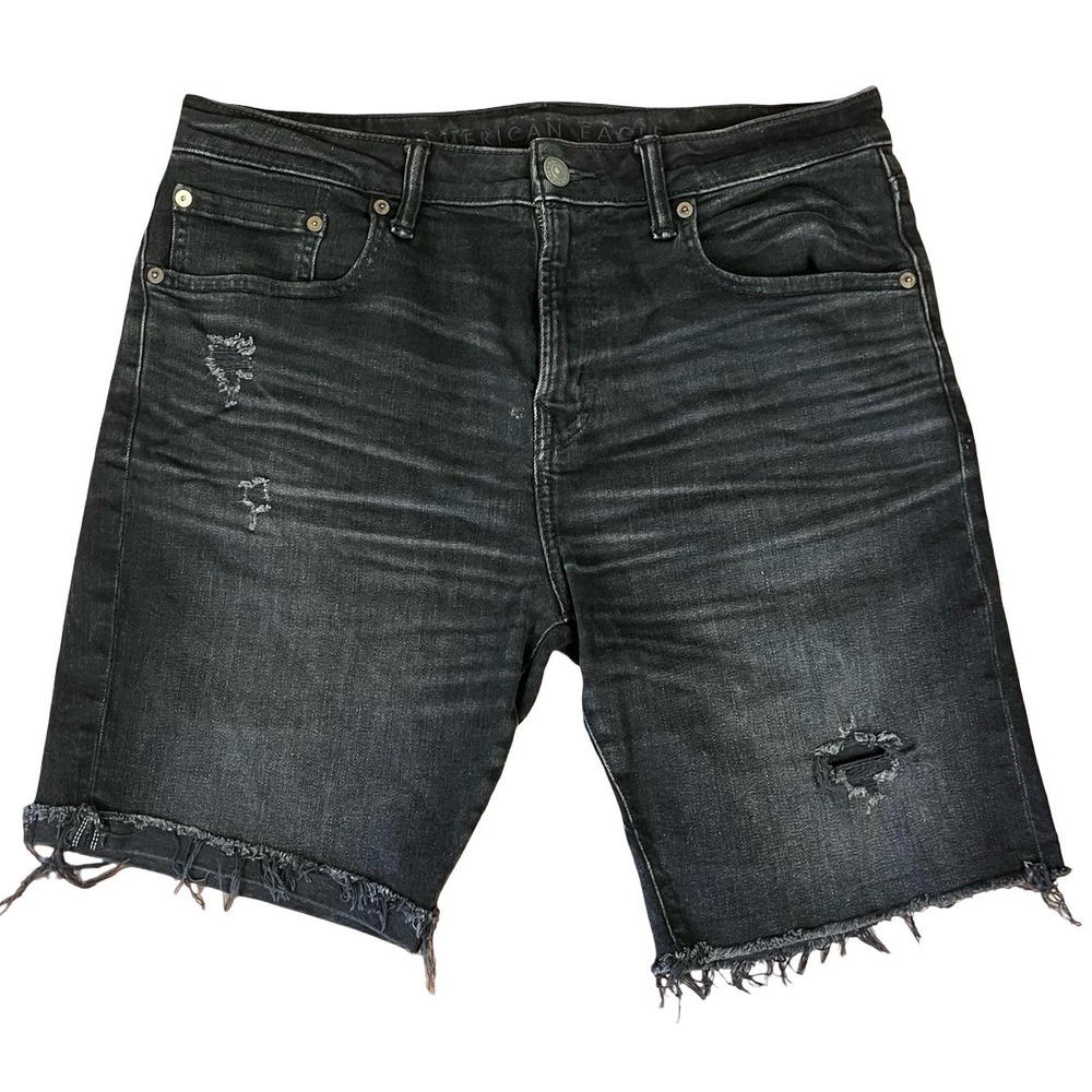 American Eagle Mens Distressed Denim Shorts Black Raw Hem Size 32 03873